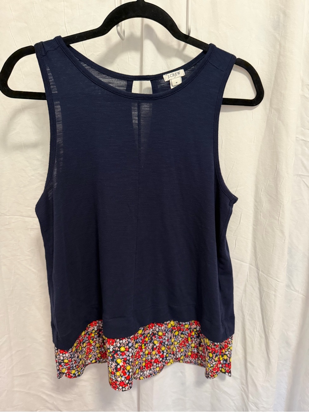 J. Crew Navy Tank with Multicolor Floral Hem